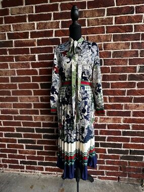 Dalia Floral Tie-Neck Long-Sleeve Midi Dress in Navy, Green, Red and Cream